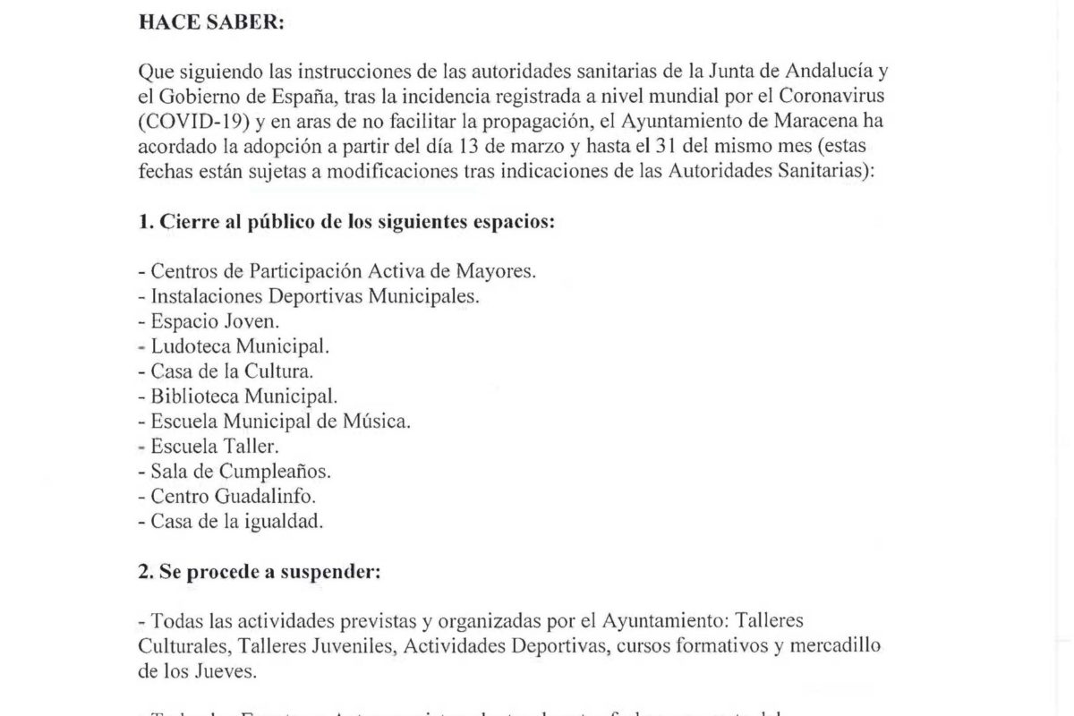 BANDO DE MEDIDAS PREVENTIVAS E INSTRUCCIONES EN RELACIÓN CON EL CORONAVIRUS (COVID-19)